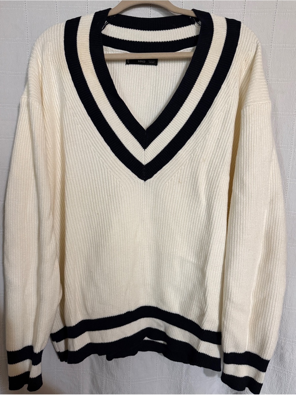 Mango Cream V-Neck Sweater with Black Stripe Trim